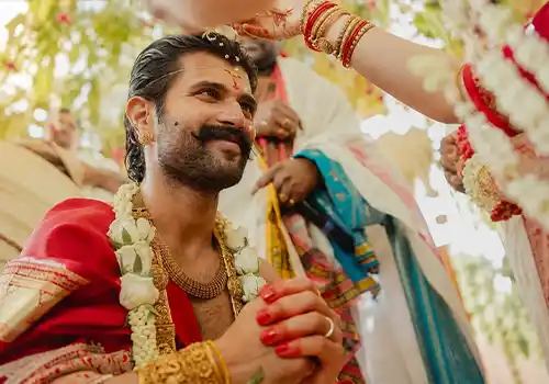 South Indian groom makeup artist with traditional veshti look and natural skin finish grooming