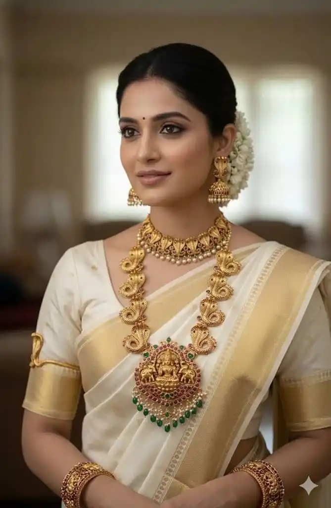 South Indian temple jewellery designer with traditional gold set and nagapadam necklace styling