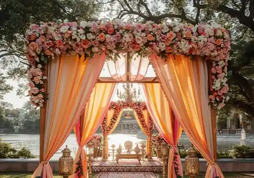 Luxury wedding decorator with editorial venue styling and premium imported floral installations